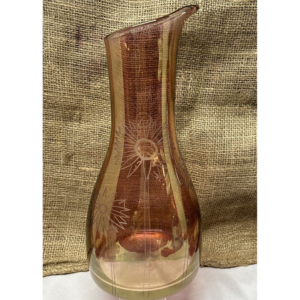 MCM Roscher Etched Iridescent Glass Pink  Flowers Carafe Decanter Vase Romania